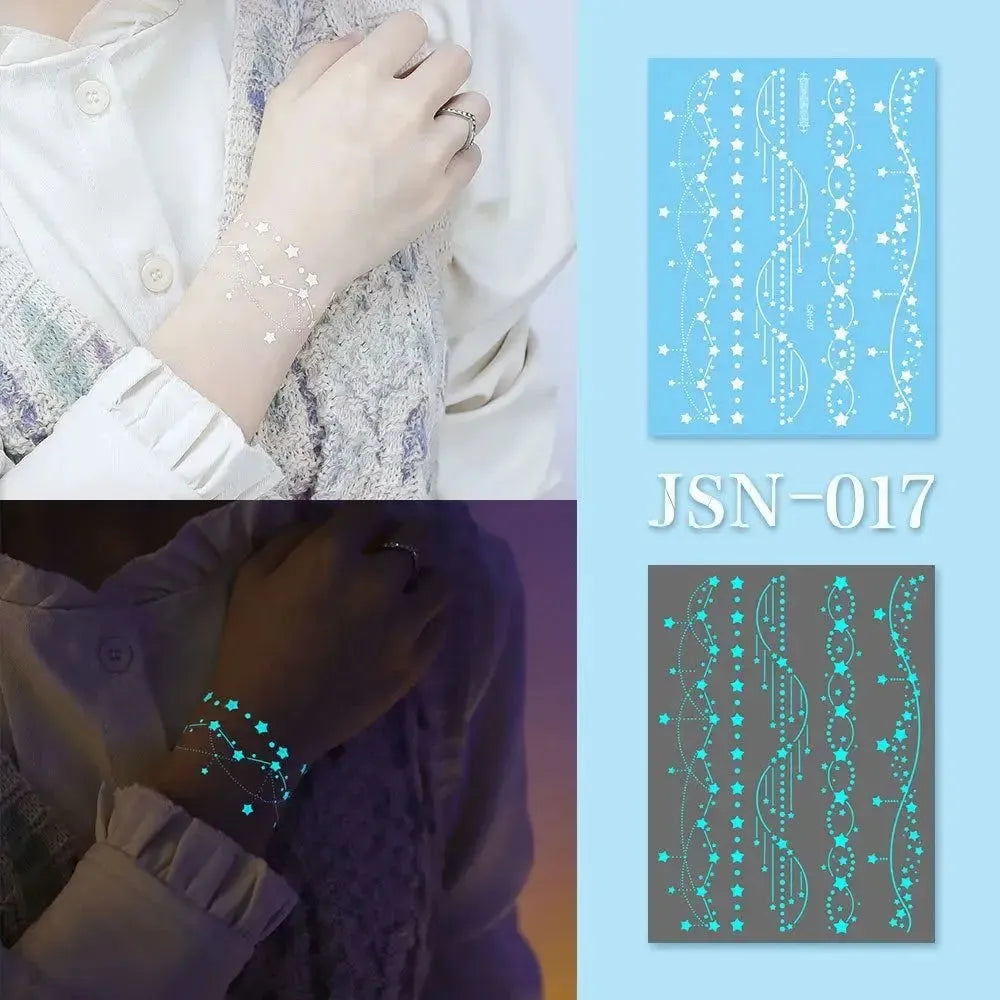 Blue Glow Henna Tattoo Sticker Lasting Waterproof Fake Lace Tattoos Sweatproof Glow in the Dark Luminous Temporary Tattoos - KawaSocks