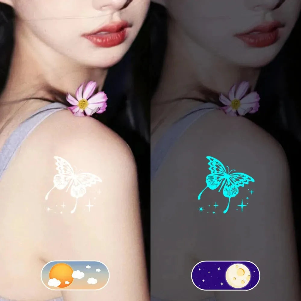 Blue Luminous Tattoo Sticker Waterproof Glow Flash Star Moon Butterfly Pattern Party Festival Disposable Tattoos Art Women Men - KawaSocks