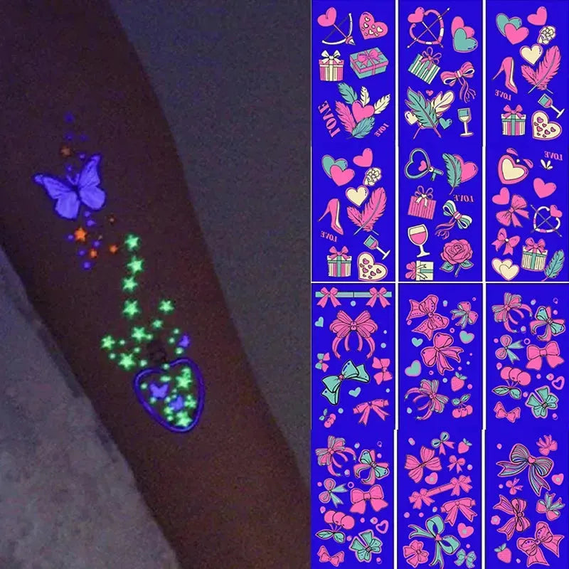 10Pc Pink Heart Bow Designs Glow In The Dark Tattoos Sticker Fluorescence Waterproof Slider Wedding Valentine Body Face Decal* - KawaSocks