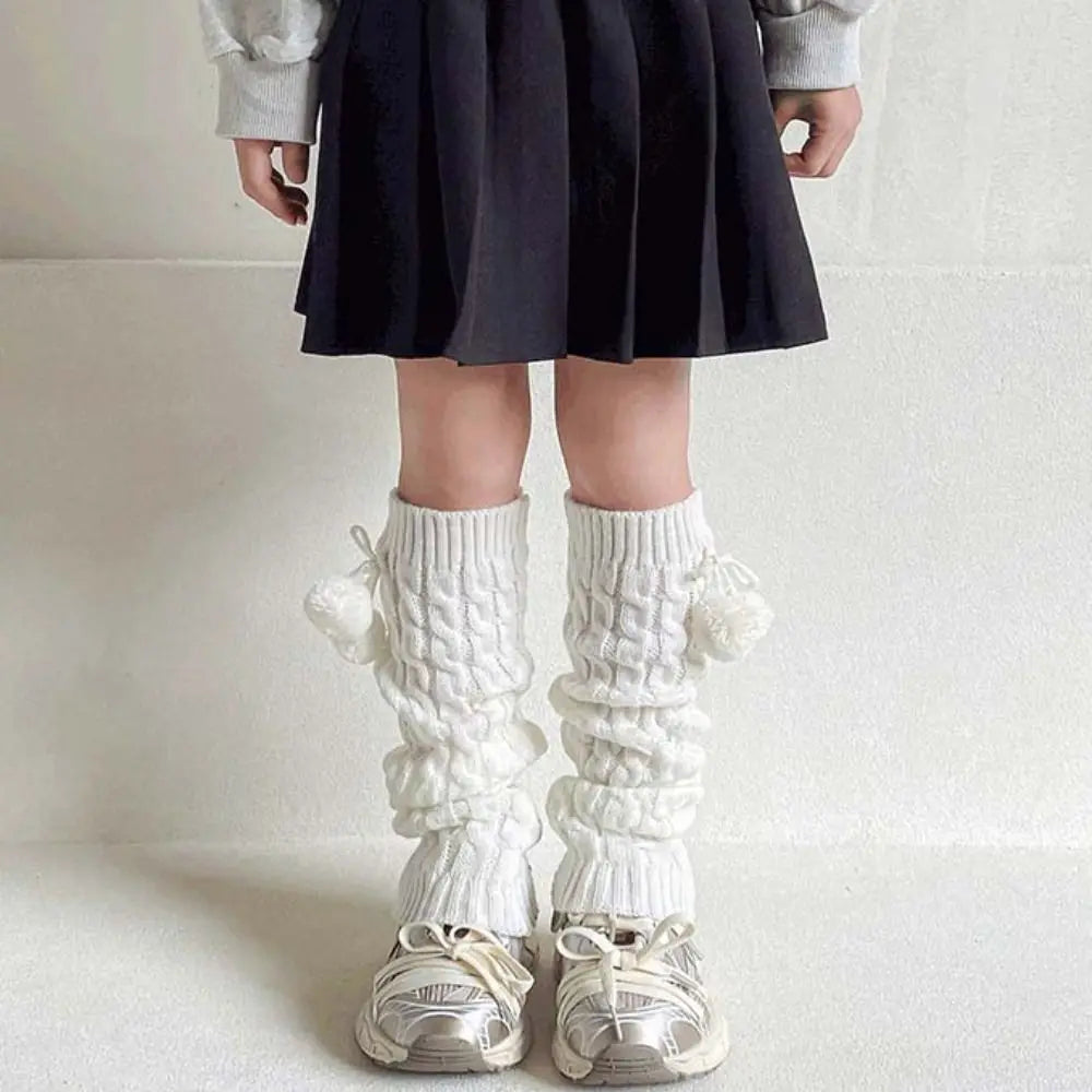 Korean Style Children's Leg Warmers Balletcore Harajuku Knitted Leg Cover Lolitas Long Stockings Plush Ball Leg Socks Girls