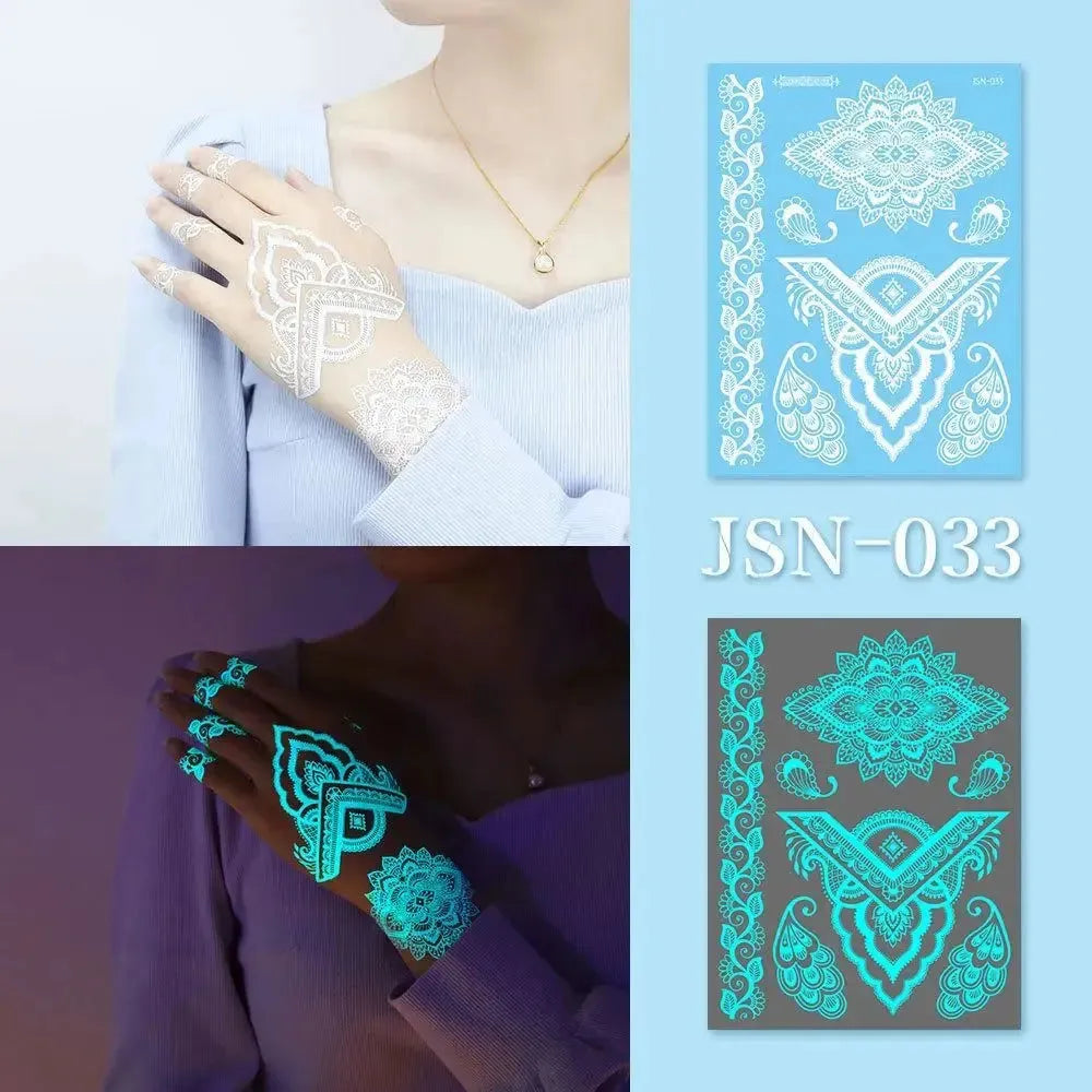 Blue Glow Henna Tattoo Sticker Lasting Waterproof Fake Lace Tattoos Sweatproof Glow in the Dark Luminous Temporary Tattoos - KawaSocks