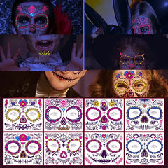 Day of the Dead Halloween Tattoo Fluorescent Waterproof Temporary Face Stickers Makeup Dress Up Decoration for Party Festival - KawaSocks