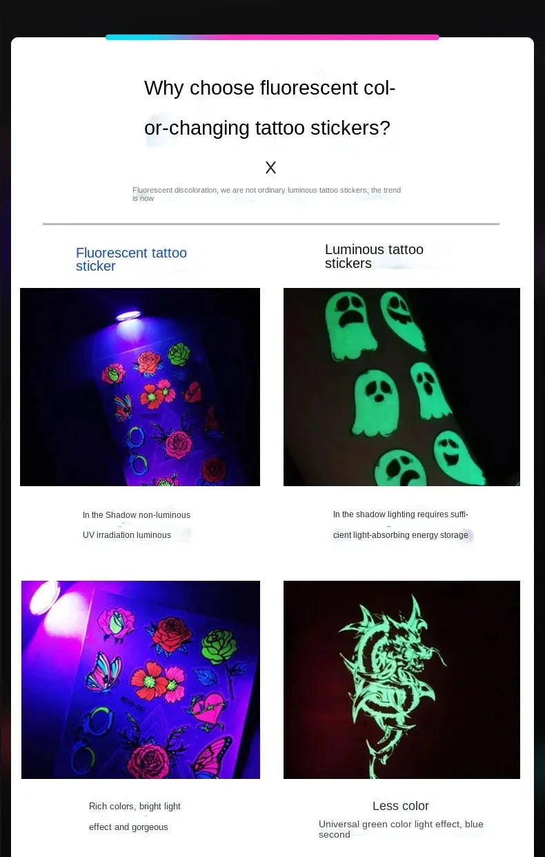 Fluorescent Color-changing Tattoo Stickers Luminous Flower Arm Waterproof Temporary Tattoo Stickers Trend Bar Animal Stickers - KawaSocks