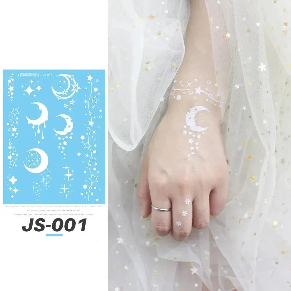 New White Creative Fake Temporary Tattoo Snowflake Start Moon Flower Butterfly Body Art Arm Face Tattoo Makeup Sticker for Women - KawaSocks