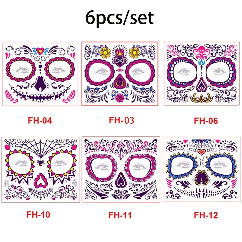 Day of the Dead Halloween Tattoo Fluorescent Waterproof Temporary Face Stickers Makeup Dress Up Decoration for Party Festival - KawaSocks