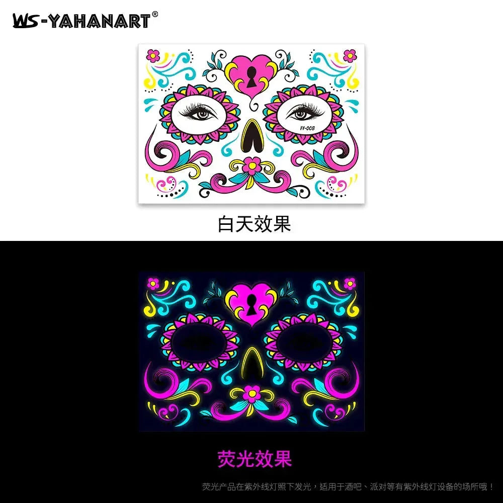 Waterproof Temporary Tattoo Sticker Halloween Fluorescent Flower Funny Face Flash Tatto Fake Tatoo for Women Men - KawaSocks