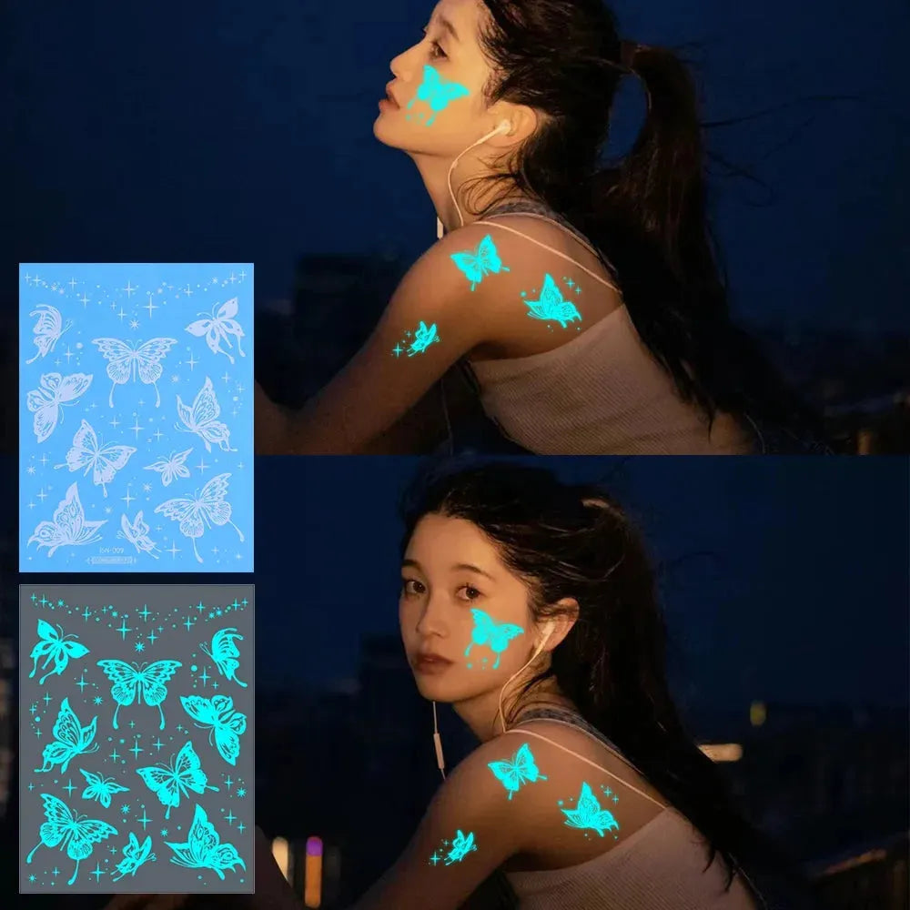 Blue Luminous Tattoo Sticker Waterproof Glow Flash Star Moon Butterfly Pattern Party Festival Disposable Tattoos Art Women Men - KawaSocks