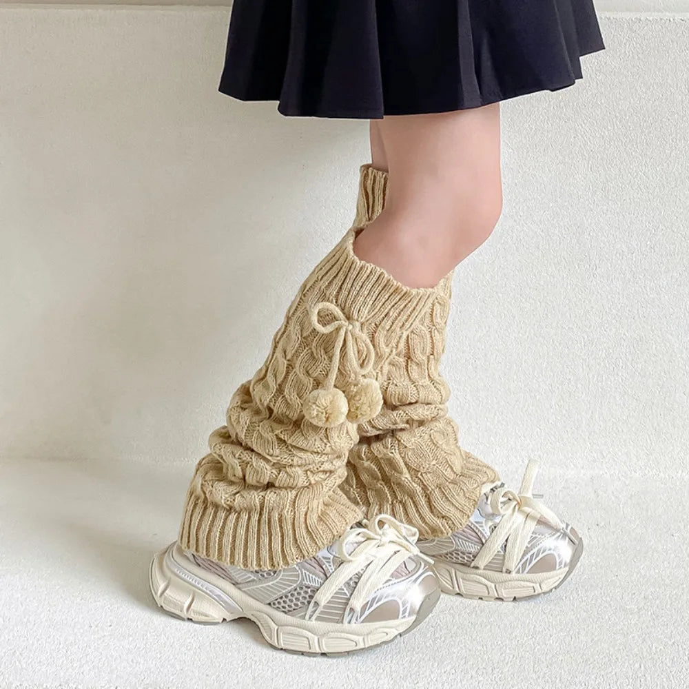 Korean Style Children's Leg Warmers Balletcore Harajuku Knitted Leg Cover Lolitas Long Stockings Plush Ball Leg Socks Girls - KawaSocks