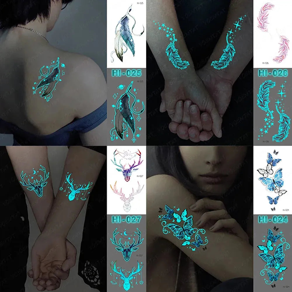 15pcs Blue Luminous Butterfly Waterproof Temporary Tattoo Sticker Wing Feather Deer Flower Ins Style Pattern Fake Tato Women Men - KawaSocks