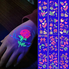 10Pc Pink Heart Bow Designs Glow In The Dark Tattoos Sticker Fluorescence Waterproof Slider Wedding Valentine Body Face Decal* - KawaSocks