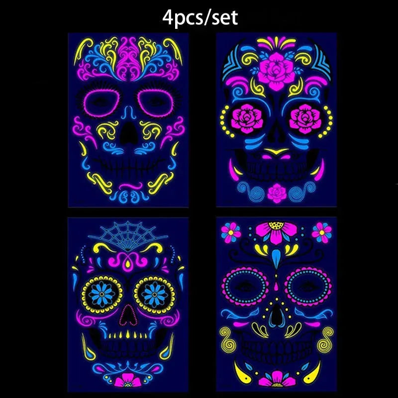 Day of the Dead Halloween Tattoo Fluorescent Waterproof Temporary Face Stickers Makeup Dress Up Decoration for Party Festival - KawaSocks