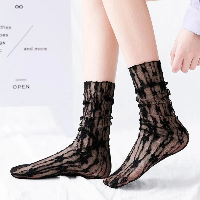 Sheer Crew Socks | Lace Crew Sock With Flower Pattern | Kawaii Outfits - KawaSocks