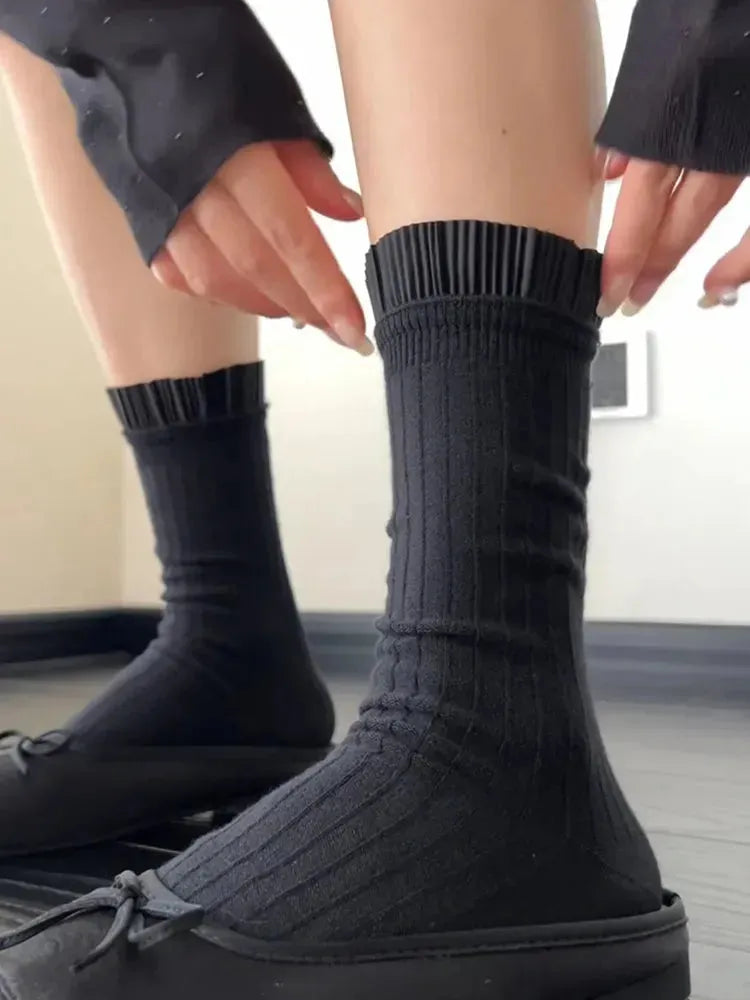 Solid Color | Frilly Crew Socks | Ruffle Socks for Women | Cotton Socks - KawaSocks