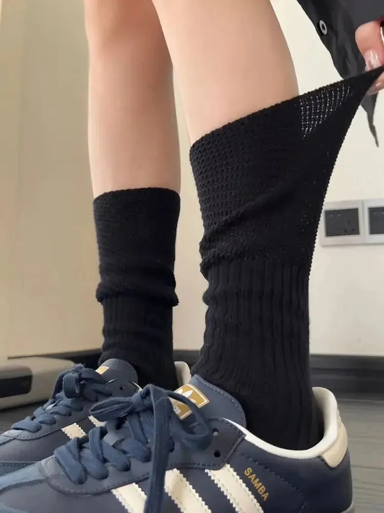 Black Solid Color | Loose Socks | Slouch Socks for Women | Cotton Socks - KawaSocks