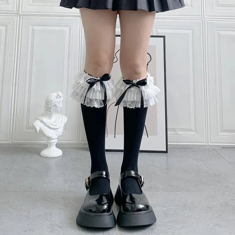 Solid Color Lolita Knee High Socks With Ribbon | Lolita Outfits - KawaSocks