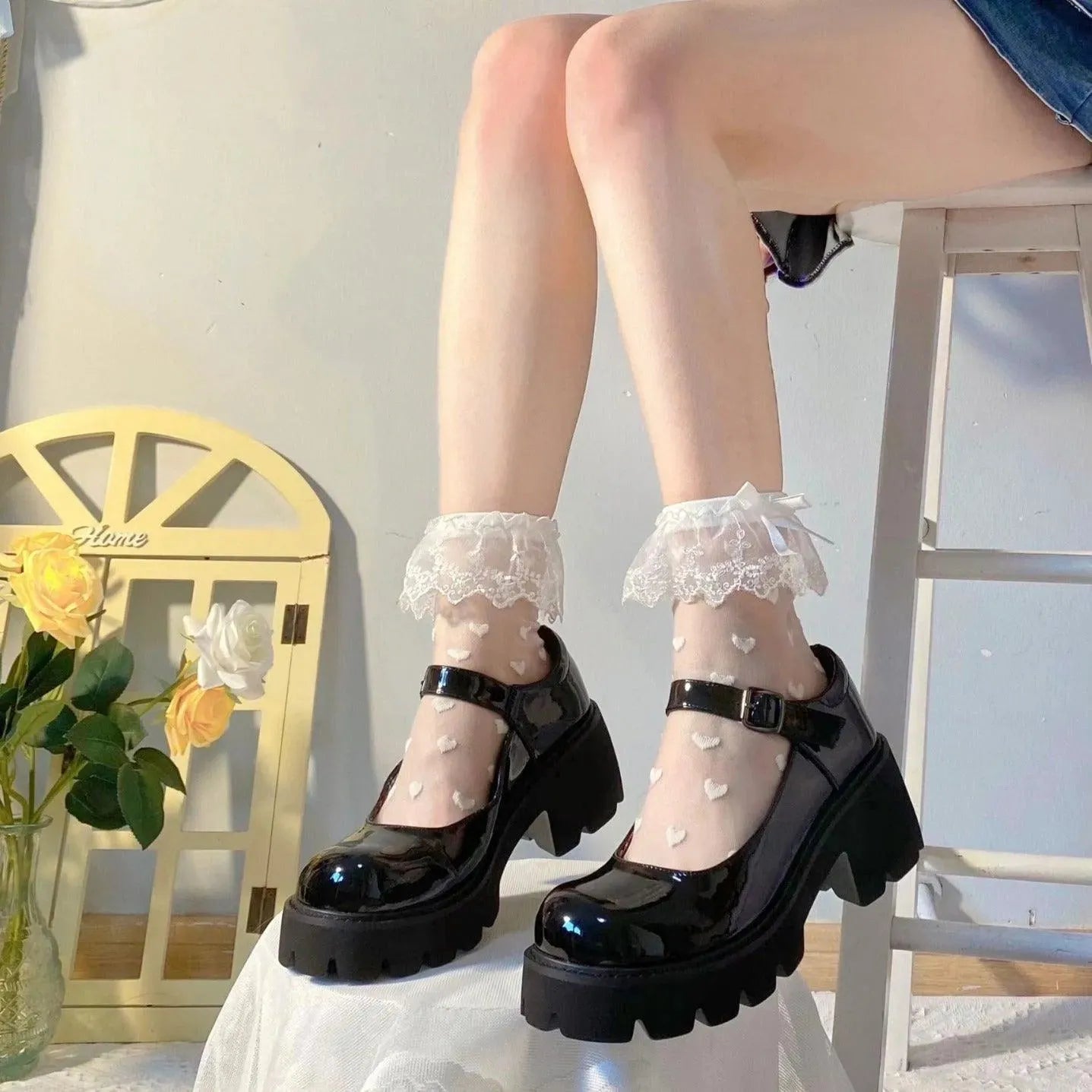 Sheer Polka Dot Socks Heart Pattern Above Ankle Socks With Fuffles - KawaSocks