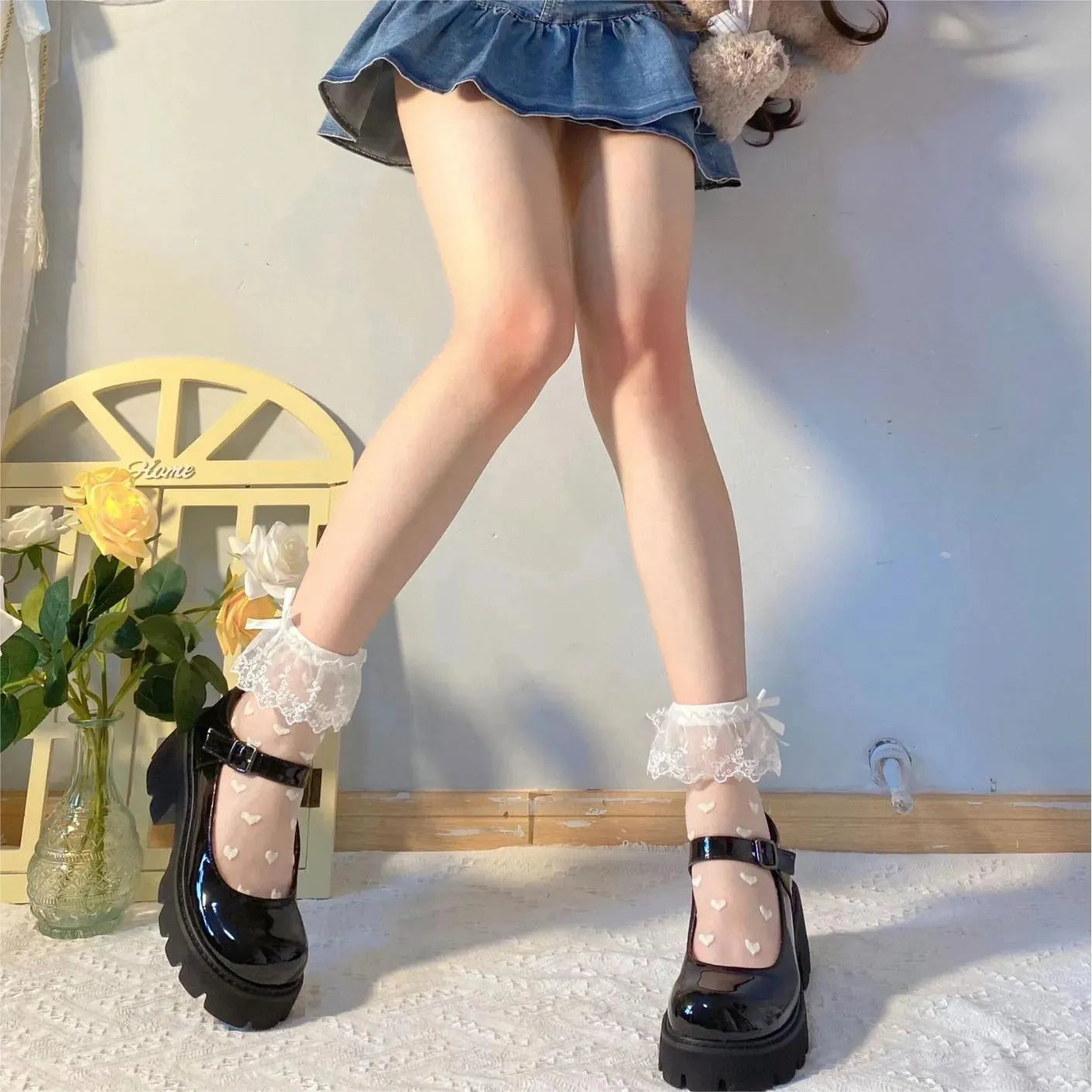 Sheer Polka Dot Socks Heart Pattern Above Ankle Socks With Fuffles - KawaSocks