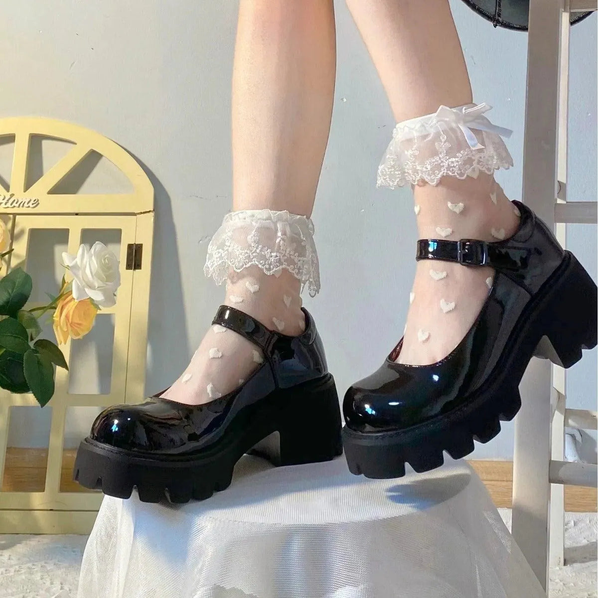Sheer Polka Dot Socks Heart Pattern Above Ankle Socks With Fuffles - KawaSocks