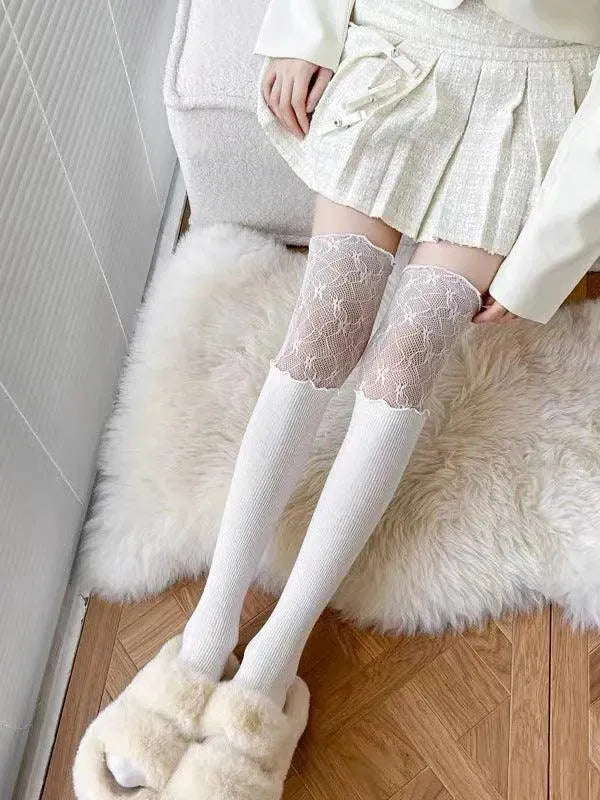 Vintage Frilly Thigh High Socks | Over The Knee Socks with Ruffles - KawaSocks