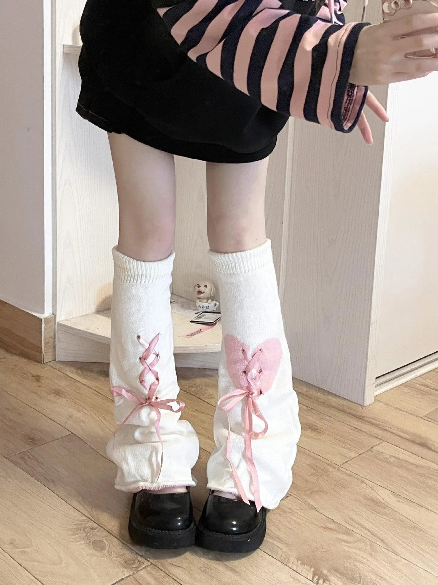 Y2K Outfits Black White Cute Leg Warmers with Ribbon and Heart - KawaSocks