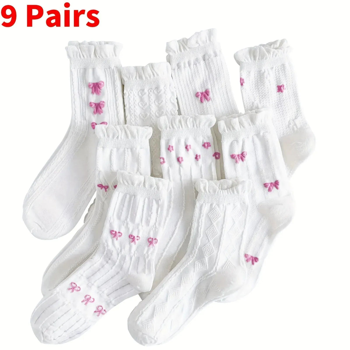 9 Pairs Cute Floral Crew Socks Women Ruffle Frilly Vintage Fancy Korean Slouch Floral Bow Print Socks - KawaSocks