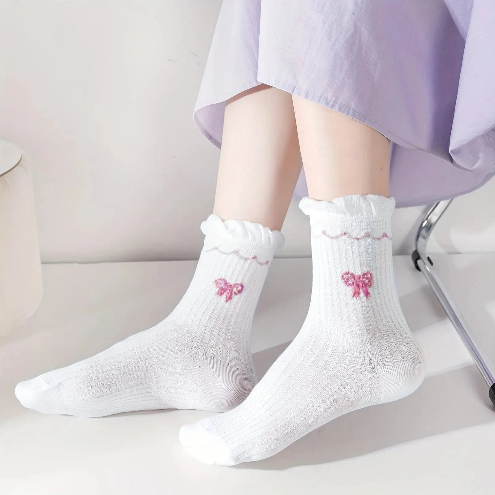 9 Pairs Cute Floral Crew Socks Women Ruffle Frilly Vintage Fancy Korean Slouch Floral Bow Print Socks - KawaSocks