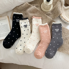 5 Pairs Women'S Fuzzy Socks, Polyester Elastane Knit Fabric, Butterfly Pattern, Frill Details, Hand Wash or Professional Dry Clean - KawaSocks