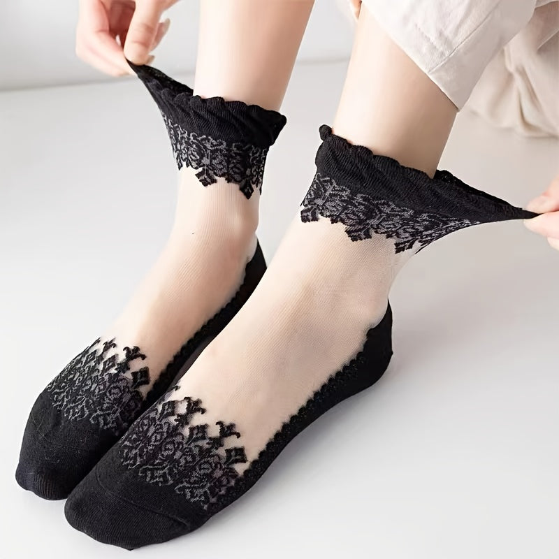 6 Pairs Soft & Breathable Lace Patchwork Crew Socks - Women's Calf Socks with Comfortable Stockings & Hosiery for Everyday Wear