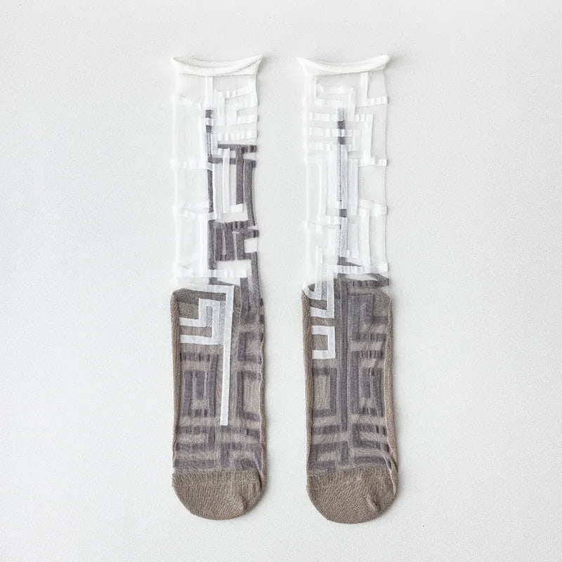 Sheer crew socks in the Gray Geometric Frame Pattern