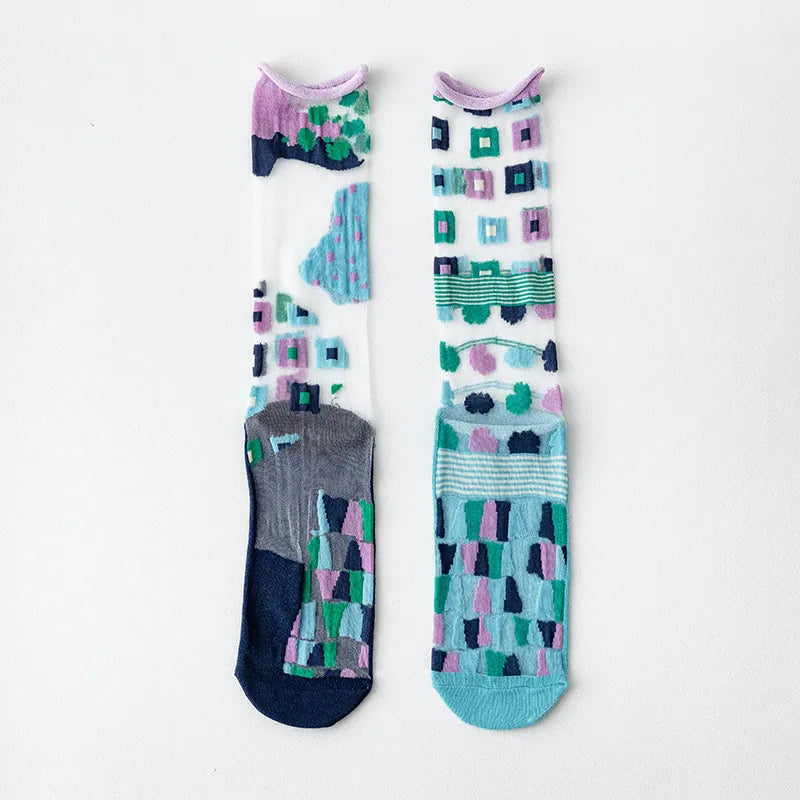 Sheer crew socks in the Deep and Light Blue Pattern