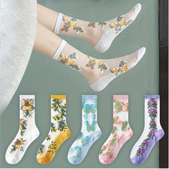 3 Pairs Women Floral Lace Mesh Spring Summer Socks Lightweight Breathable Mid Tube Socks - KawaSocks
