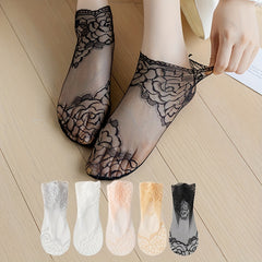 5 Pairs Lace Trim Ankle Socks With Cotton Sole, Non-Slip, Breathable Mesh, Invisible Boat Socks, Rose Pattern For Women - KawaSocks