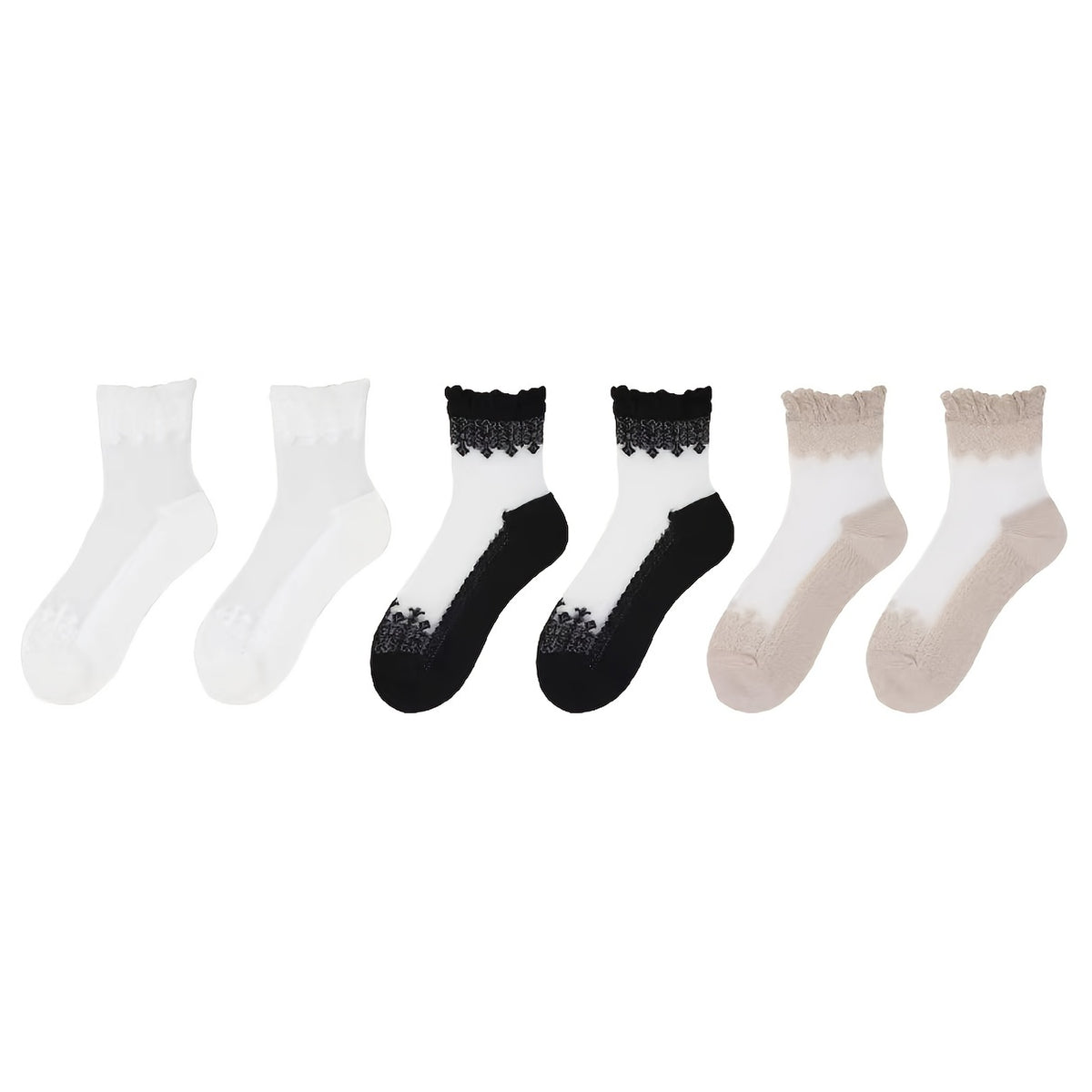 6 Pairs Soft & Breathable Lace Patchwork Crew Socks - Women's Calf Socks with Comfortable Stockings & Hosiery for Everyday Wear