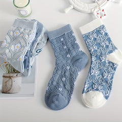 5 Comfy Cartoon Flower Pattern Knitted Socks, Breathable Soft Crew Socks For Outdoor Wearing