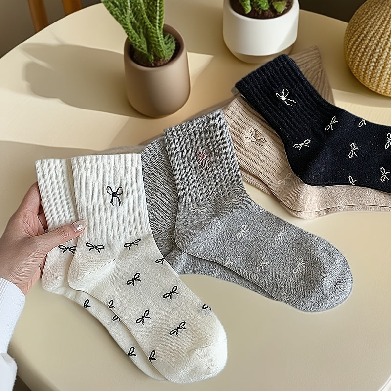 5 Pairs Embroidered Bowknot Socks, Cute Sweet Style Fashionable Versatile Short Socks, Geometric Pattern, Knit Fabric, Polyester 95%, Spandex 5%, Hand Wash Only