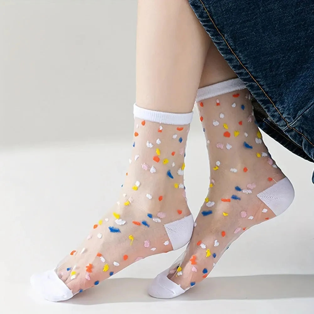 6 Pairs Sweetly Dotted Womens Socks - Lightweight Glass Silk Mid-Tube Style, Fashionable & Breathable, Perfect for Stockings Collection - KawaSocks