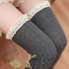 Dark Gray cable-texture long socks with pale lace cuffs