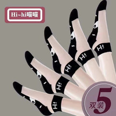 Hi Cat sheer ankle socks with HI lettering on black cuffs, five-pair same-design pack