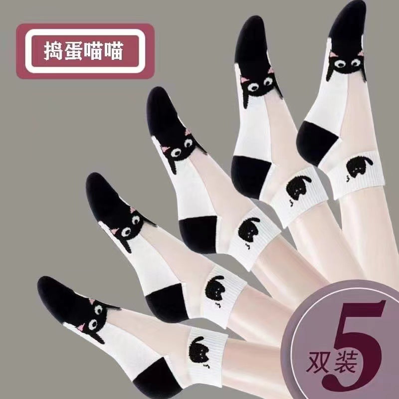 Naughty Cat sheer ankle socks with black cat faces and paw cuffs, five-pair same-design pack