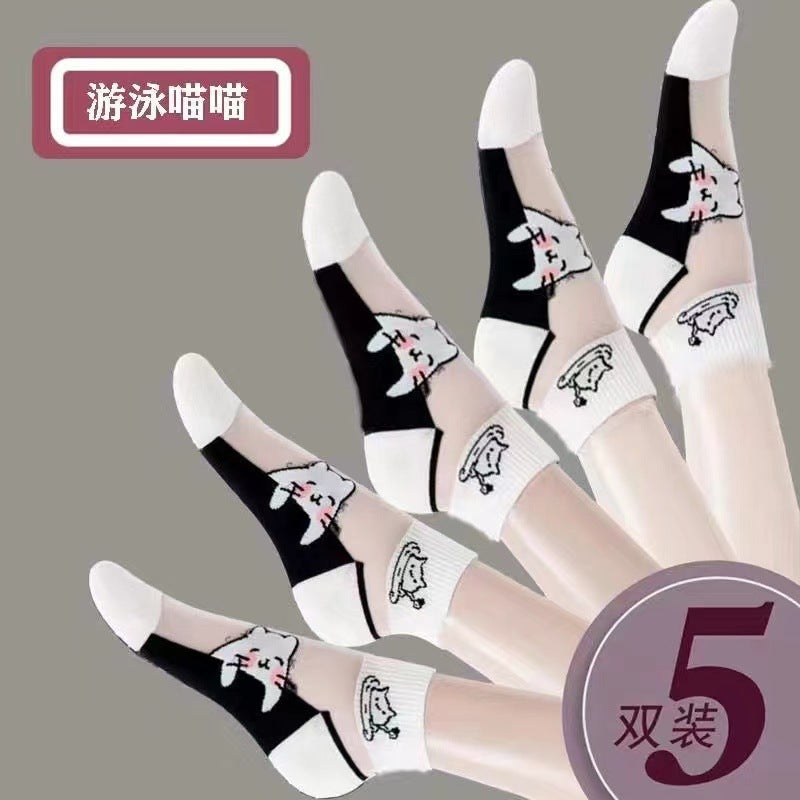 Swimming Cat sheer ankle socks with cat motifs and white cuffs, five-pair same-design pack