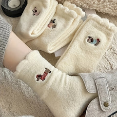 4 Pairs Women'S Winter Warm Fuzzy Socks, Cute Cartoon Plus Velvet Padded, Solid Color Knit Fabric, Polyester 90% Spandex 10%, Hand Washable, 300g/m² - Cozy Japanese Style Floor Sleep Socks