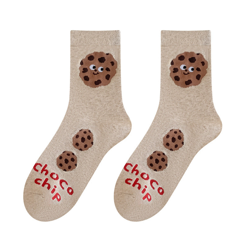 Pair of beige crew socks with smiling chocolate chip cookies and red Choco chip lettering