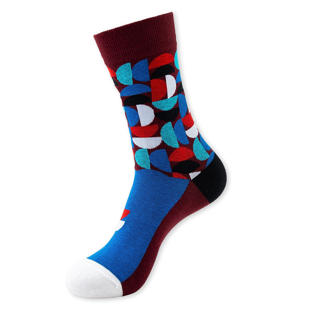 Abstract Curves crew sock with colorful curved shapes and a burgundy cuff