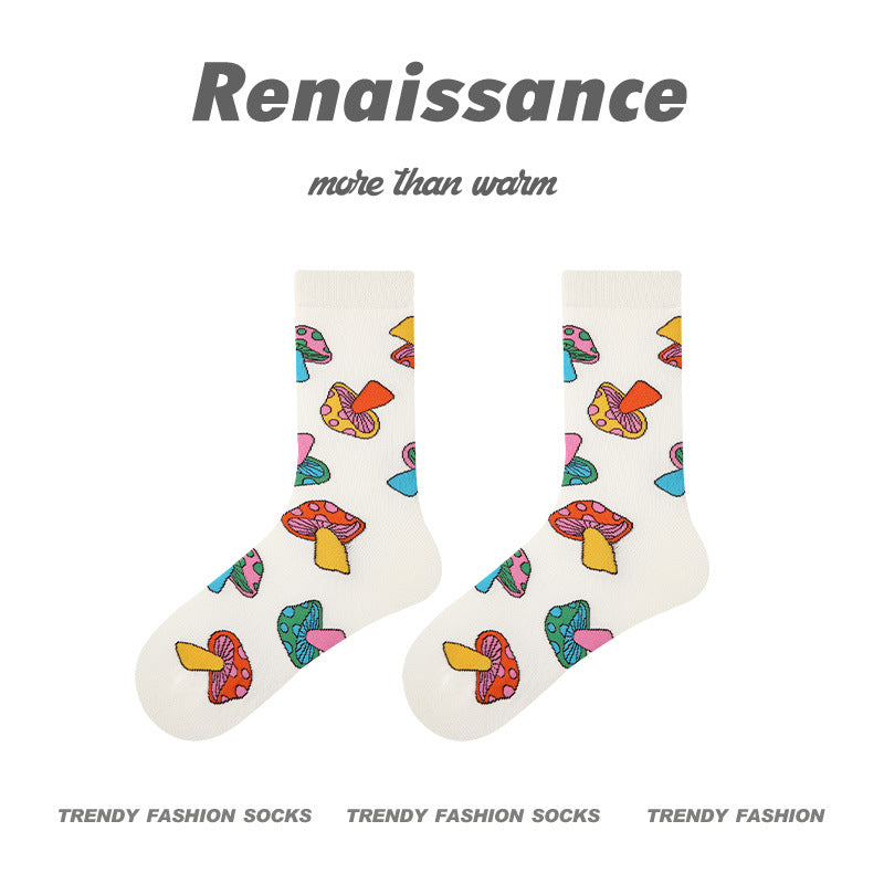 R8815 colorful mushroom crew socks shown as a pair beneath the supplier image's Renaissance text