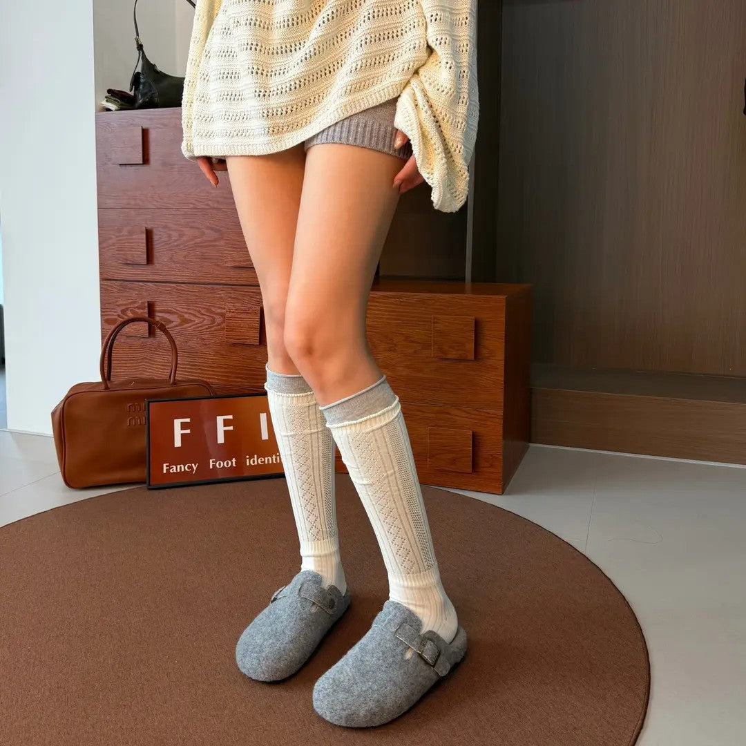 White long socks with gray contrast cuffs, diamond pointelle panels and straight rib columns