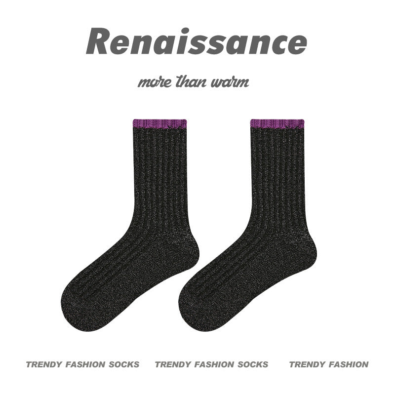 Black shimmer ribbed crew socks with contrasting purple cuffs