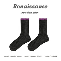 Black shimmer ribbed crew socks with contrasting purple cuffs