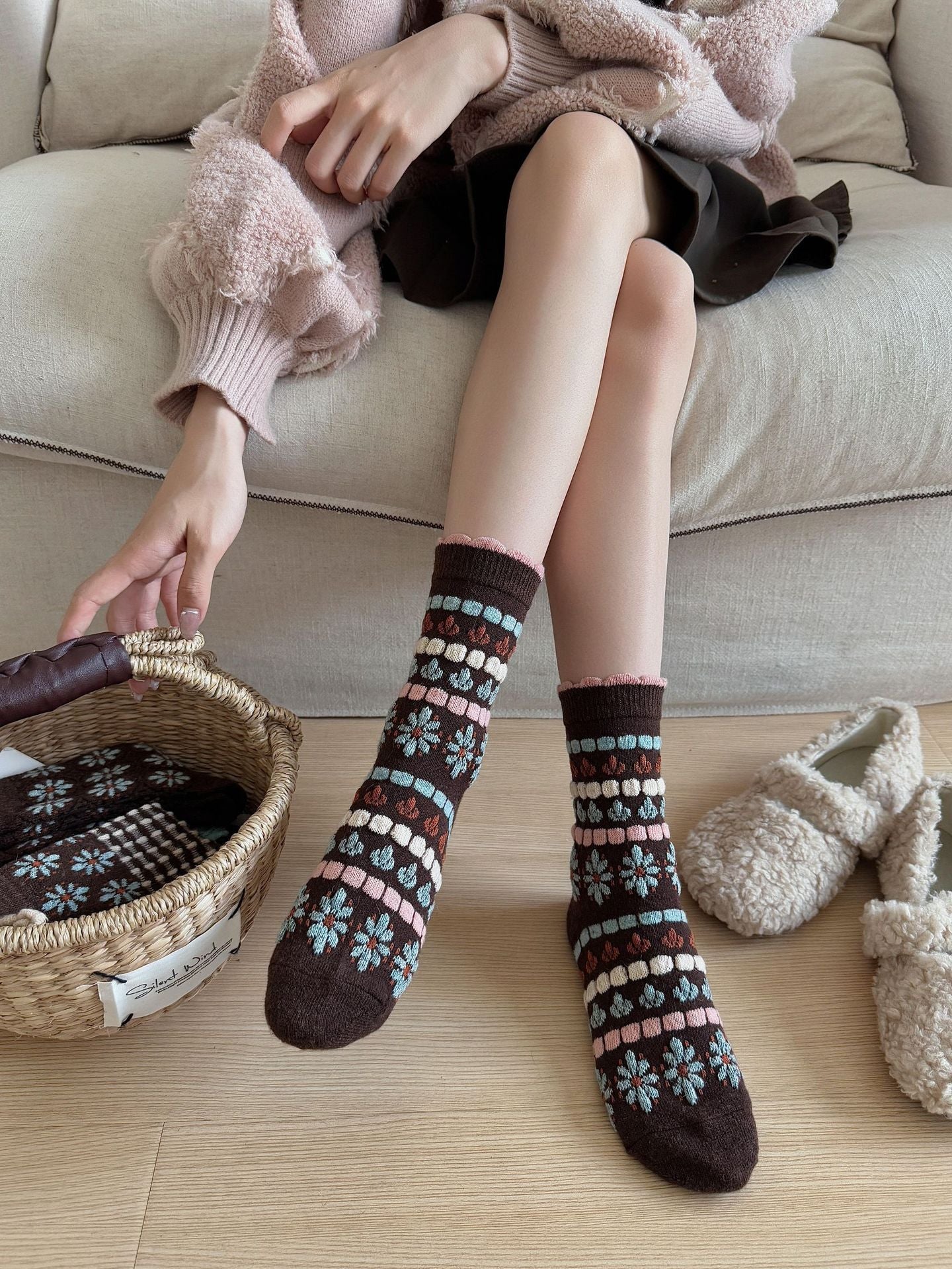 Stripes style brown socks with blue, pink and cream bands, small motifs and pink scalloped cuff edges