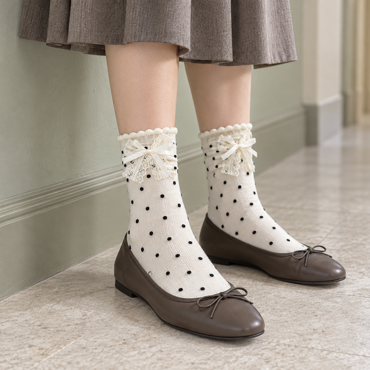 AI standing styling illustration of white polka-dot layered-bow socks beside a muted sage wall
