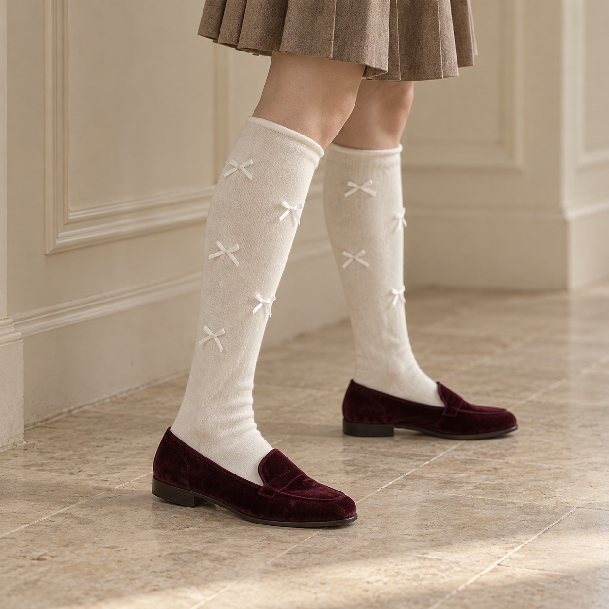 AI side styling illustration of white small-bow long socks with burgundy loafers in a soft neutral corridor
